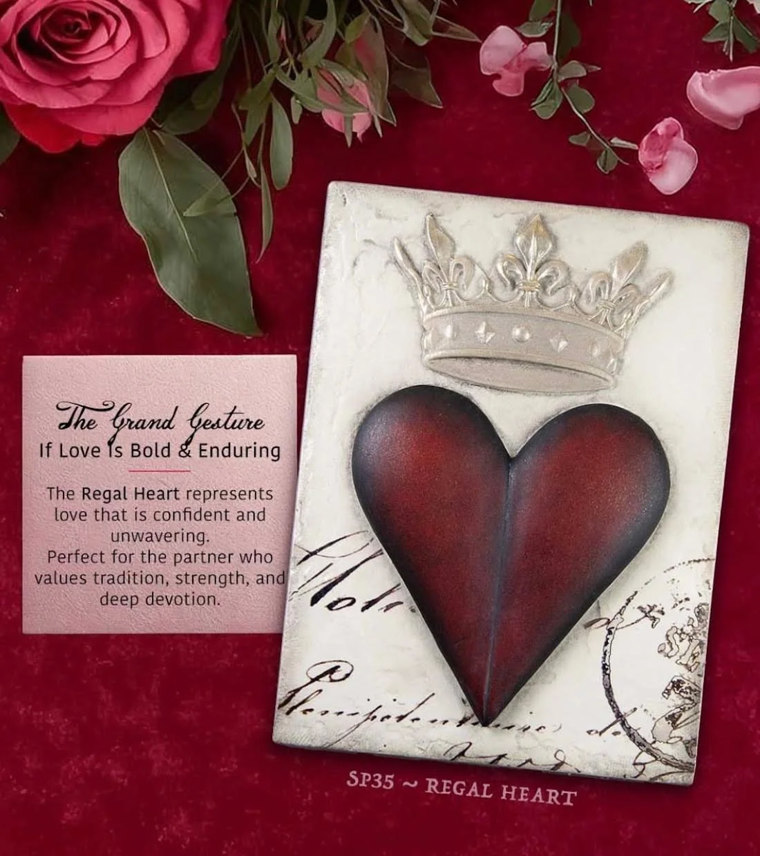 Red heart with a crown on top Sid Dickens Memory block placed on a red background with roses
