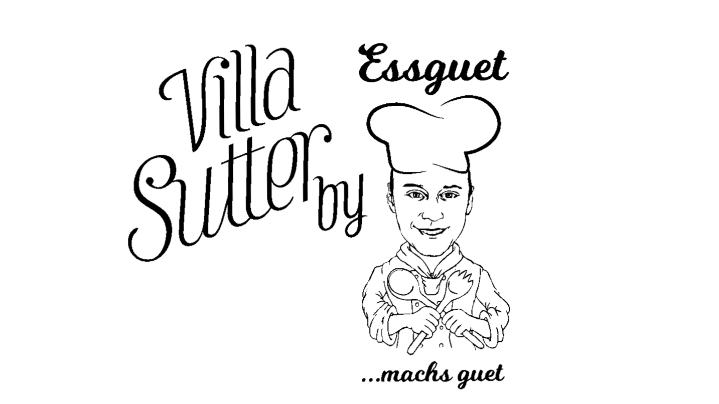 Zeichnung eines männlichen Kochs mit Kochmütze, der Kochutensilien hält, neben handgeschriebenen Worten 'Villa Suttery Esquet ...machs guet'