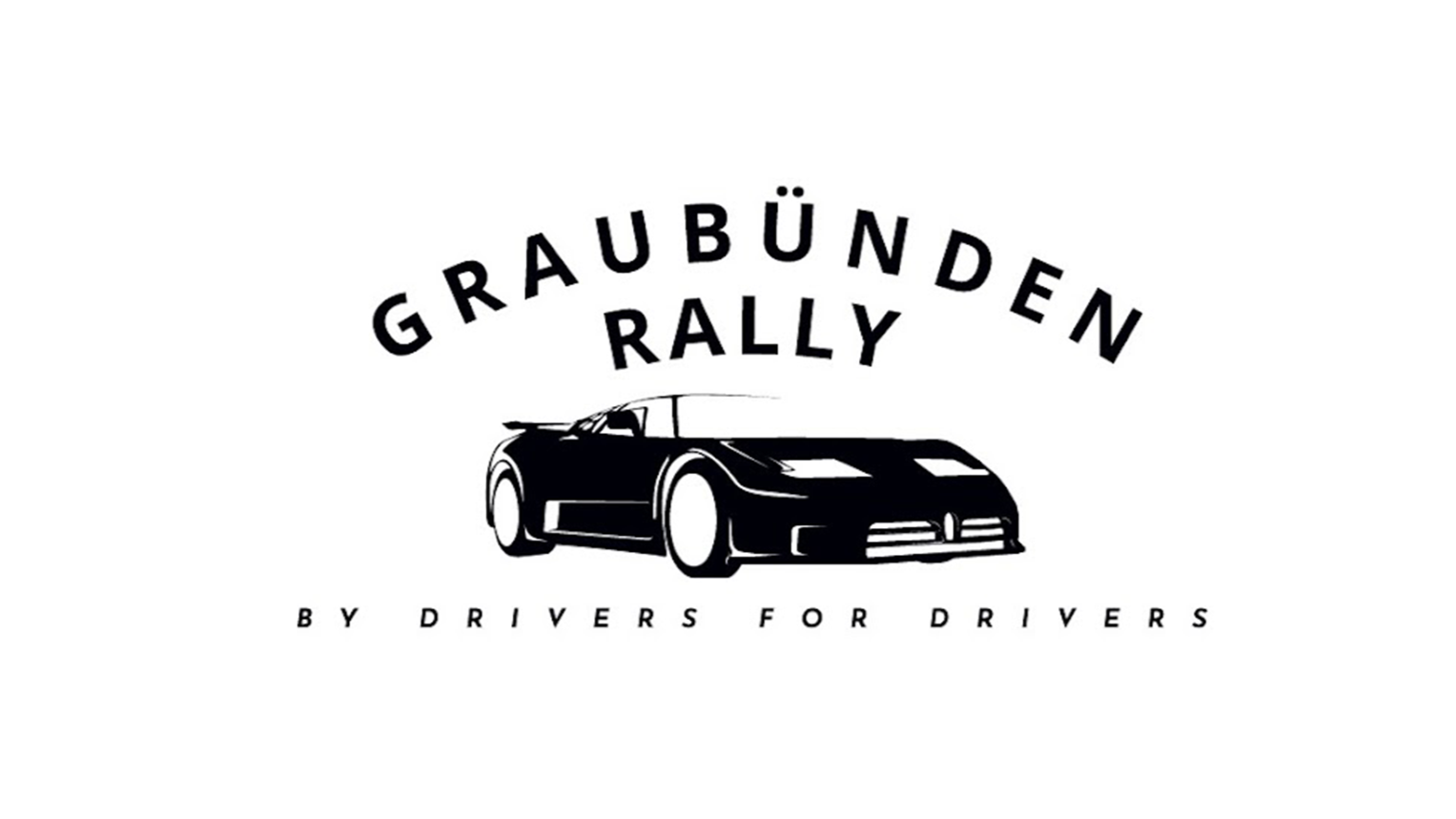 Logo des Graubünden Rallies, mit einem schwarzen Sportwagen und dem Text 'Graubünden Rally' darüber und 'by Drivers for Drivers' darunter.