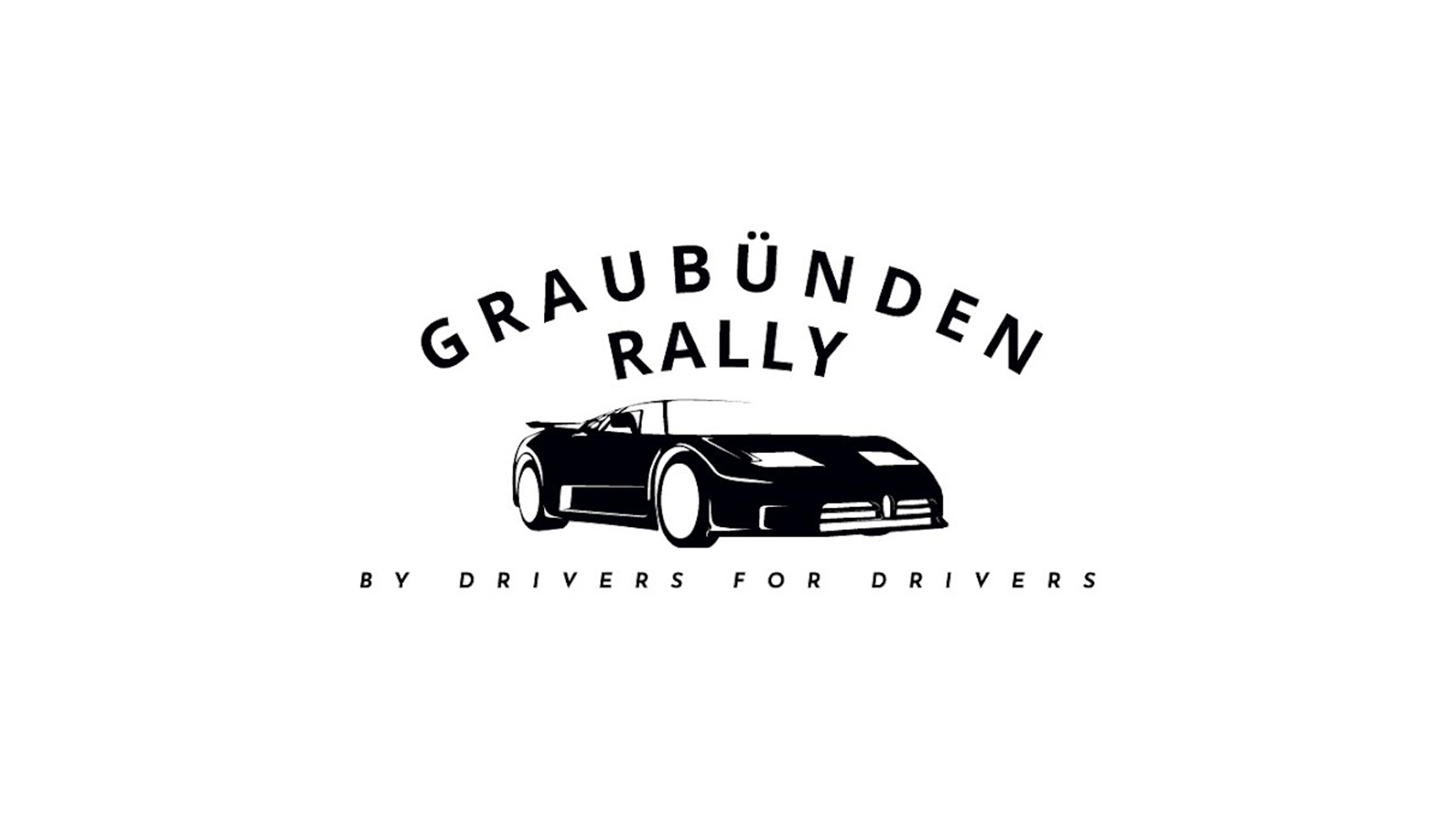 Schwarz-weiß Logo des Graubünden Rallys mit einem Sportwagen und den Texten 'Graubünden Rally' und 'By Drivers For Drivers'.