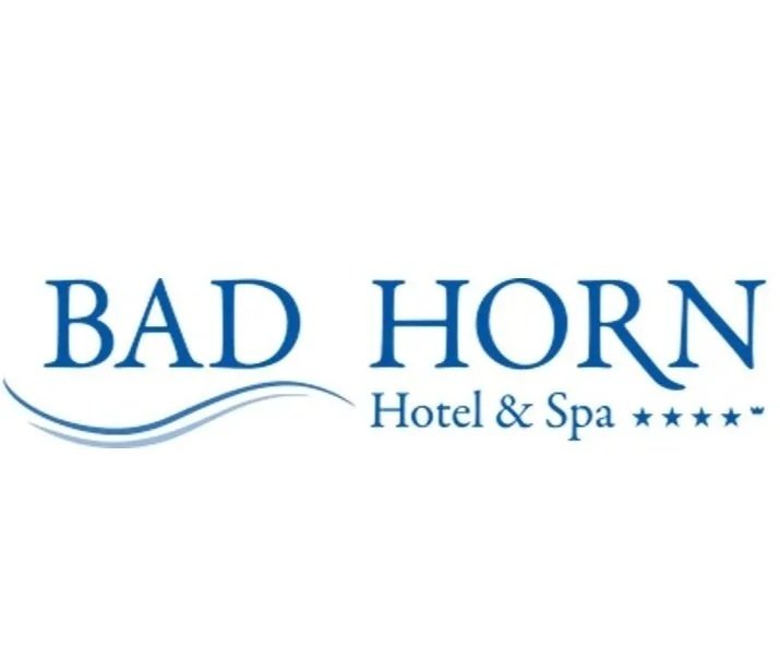 Logo des Hotels und Spa Bad Horn mit blauer Schrift und Wasserwellenmotiv.