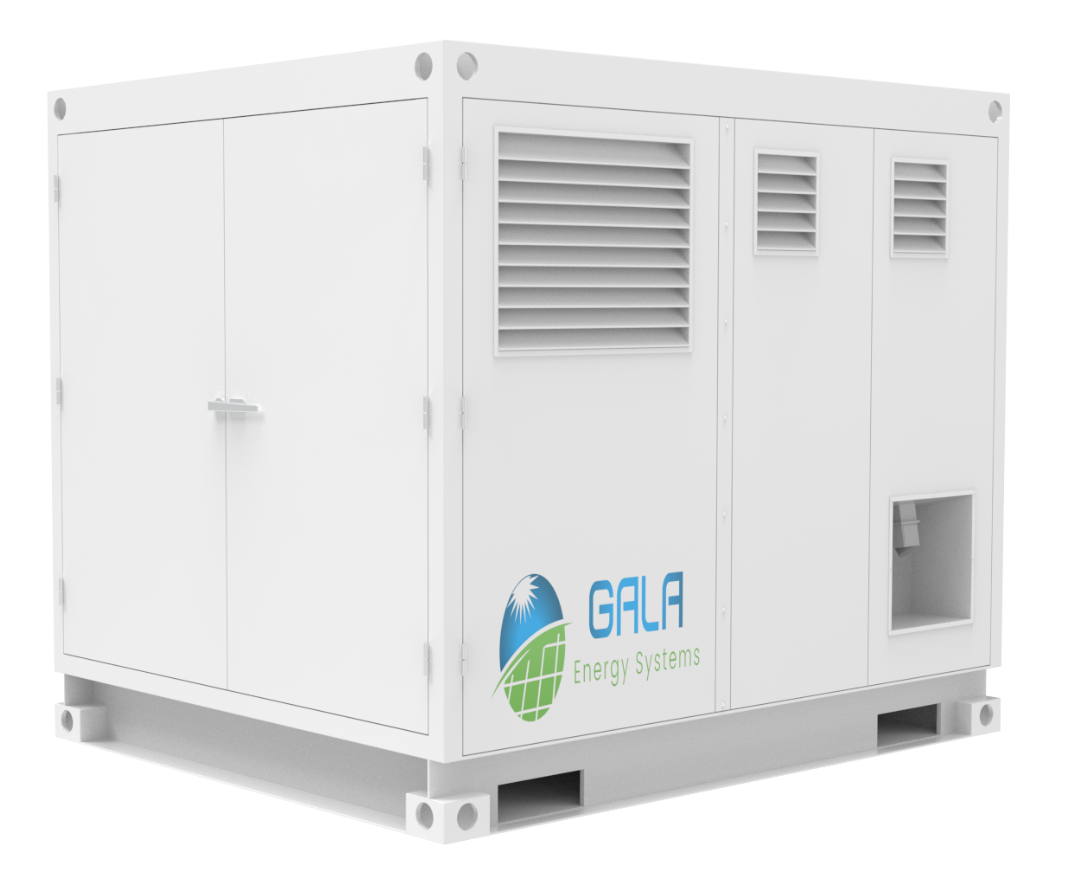 White energy system enclosure with vents and logo for GALA Energy Systems.