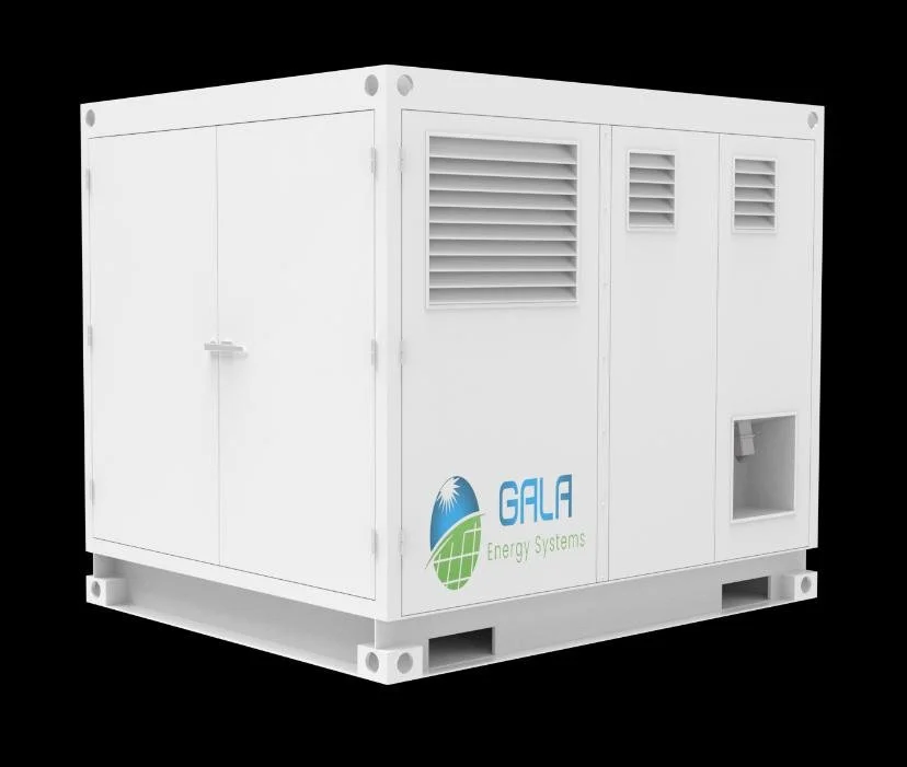 A large white energy generator unit with vents, a logo of Gaia Energy Systems, and a black background.