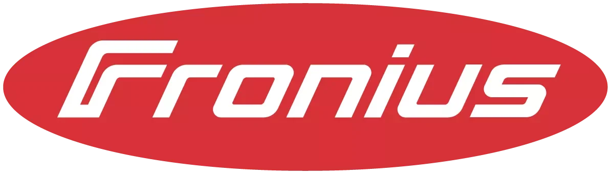 Fronius logo with white stylized text on a red oval background.