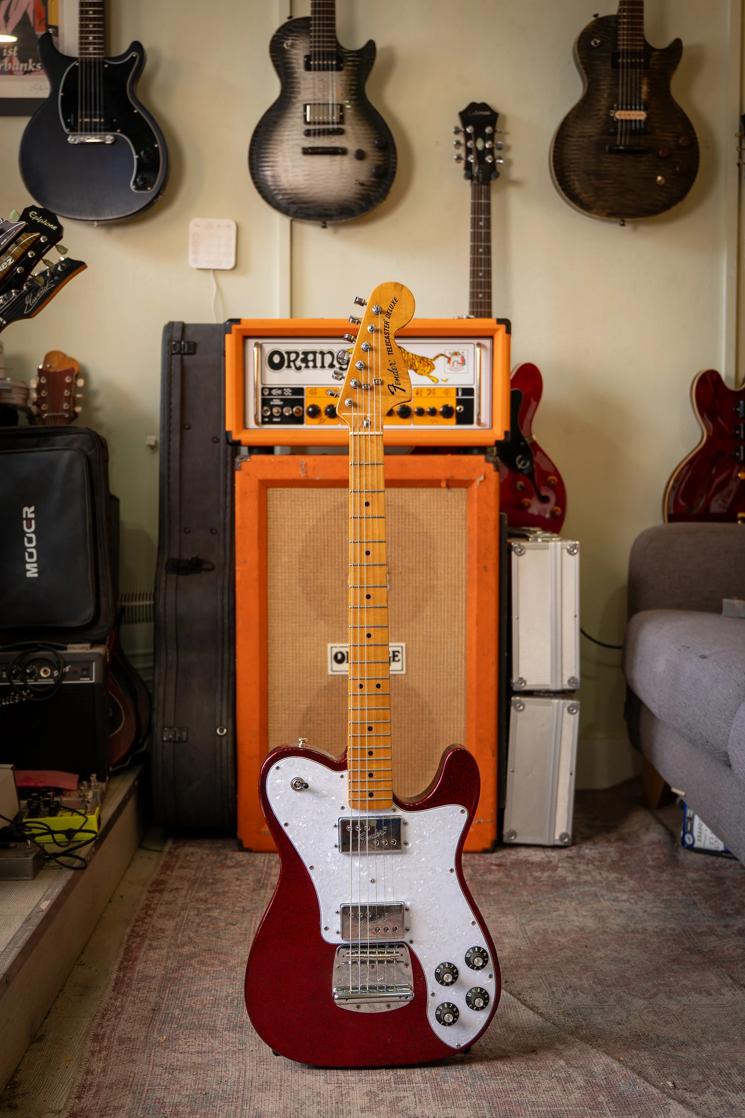 classic 70's style HH telecaster deep red with white pickguard and maple neck