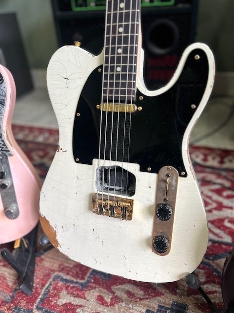 white telecaster reliced with gold bridge pickup only, gold bridge reliced with rosewood neck