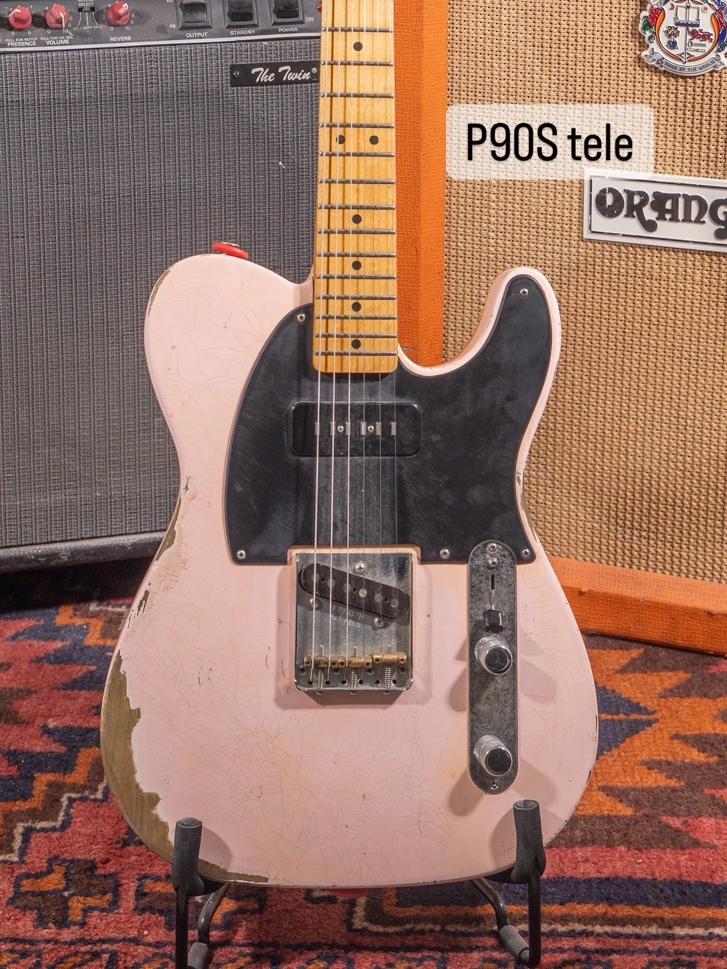 Pink Custom Classic Telecaster, black pickguard maple neck and black P90 bridge pickup