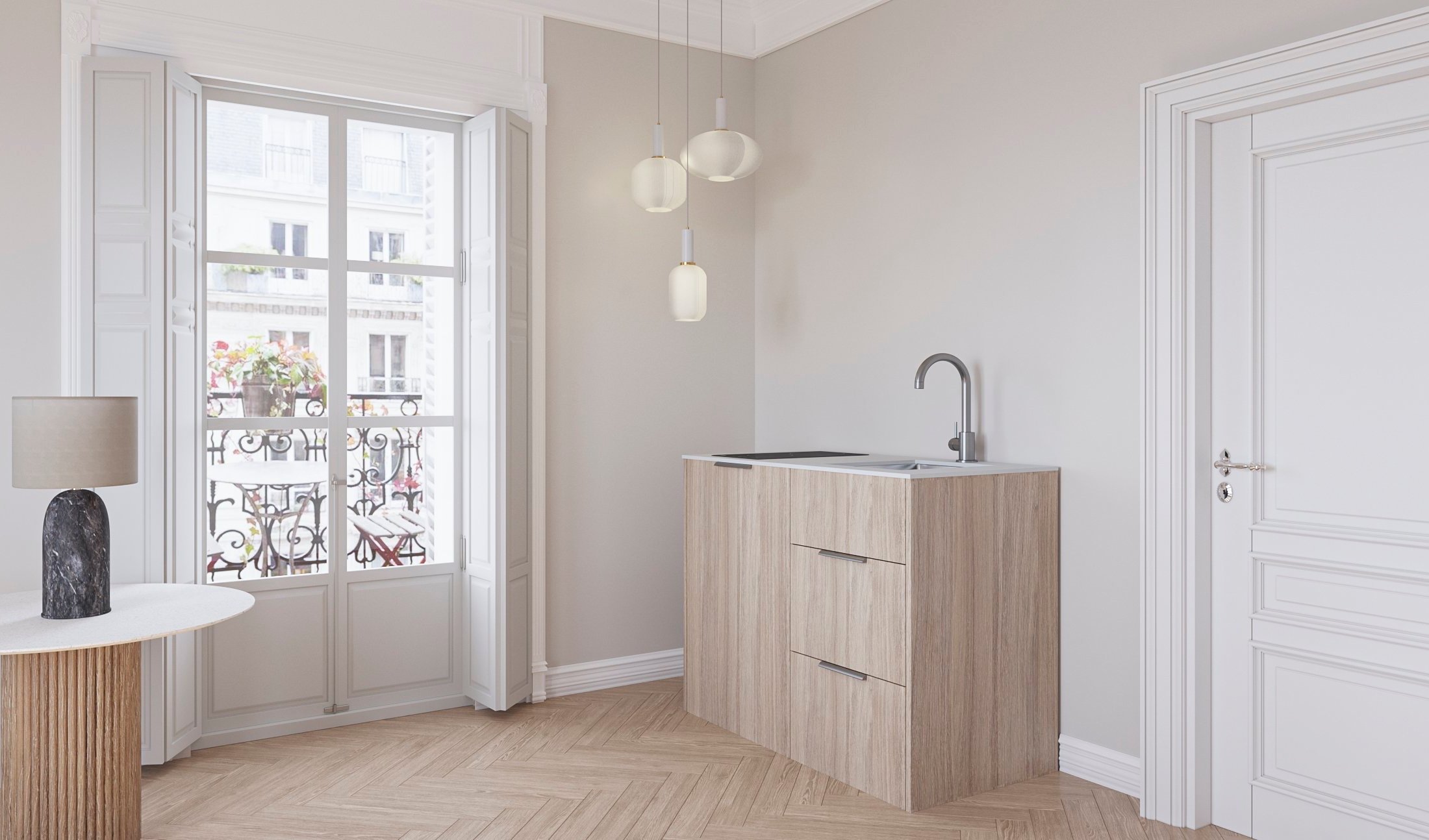 Clasic apartment with white balcony door, beige walls, light wooden flooflooring and matching mini kitchen in a light wooden color.
