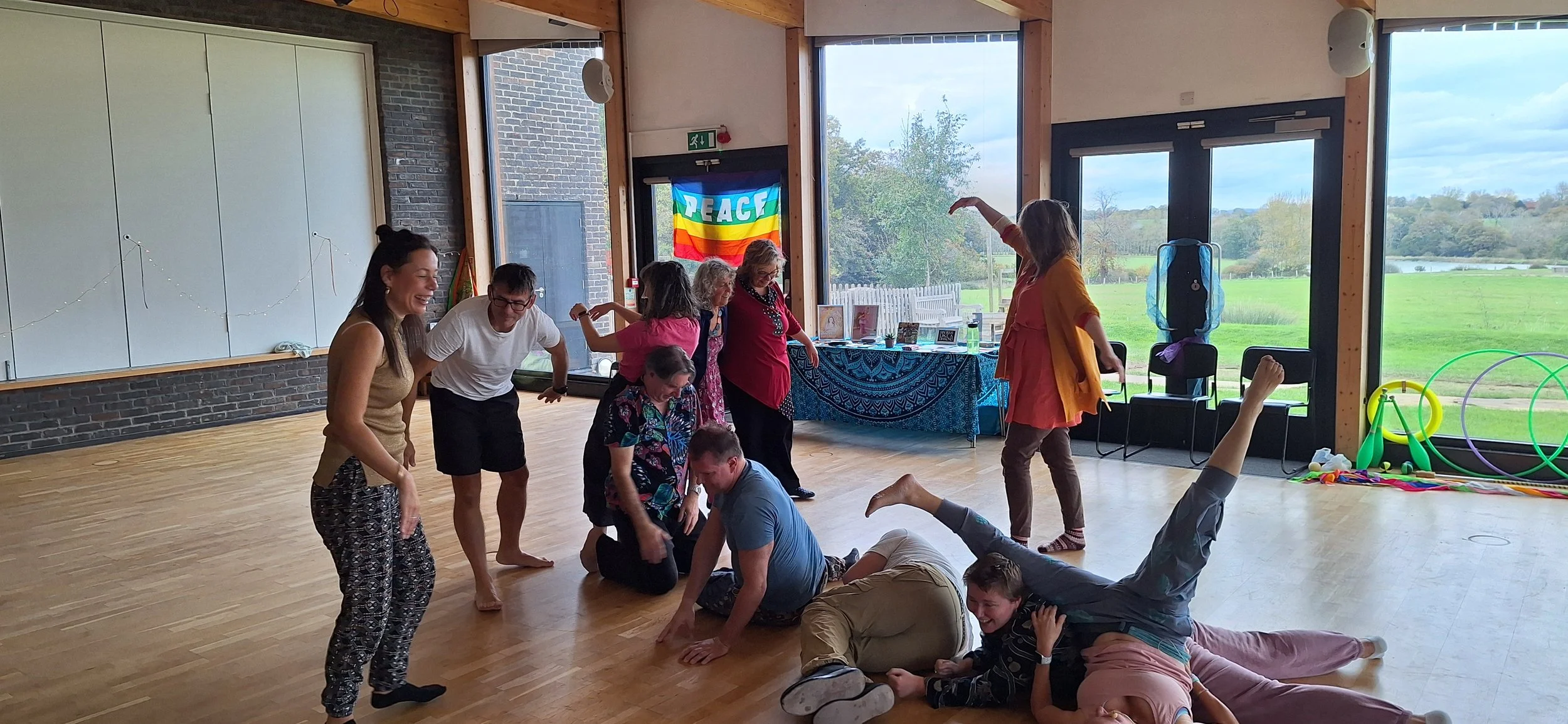 Group of people of various ages engaged in playful activities in a spacious, well-lit room with large windows showing a green outdoor area; some are standing, some are on the floor, with one person lying stretched out, and others smiling and laughing