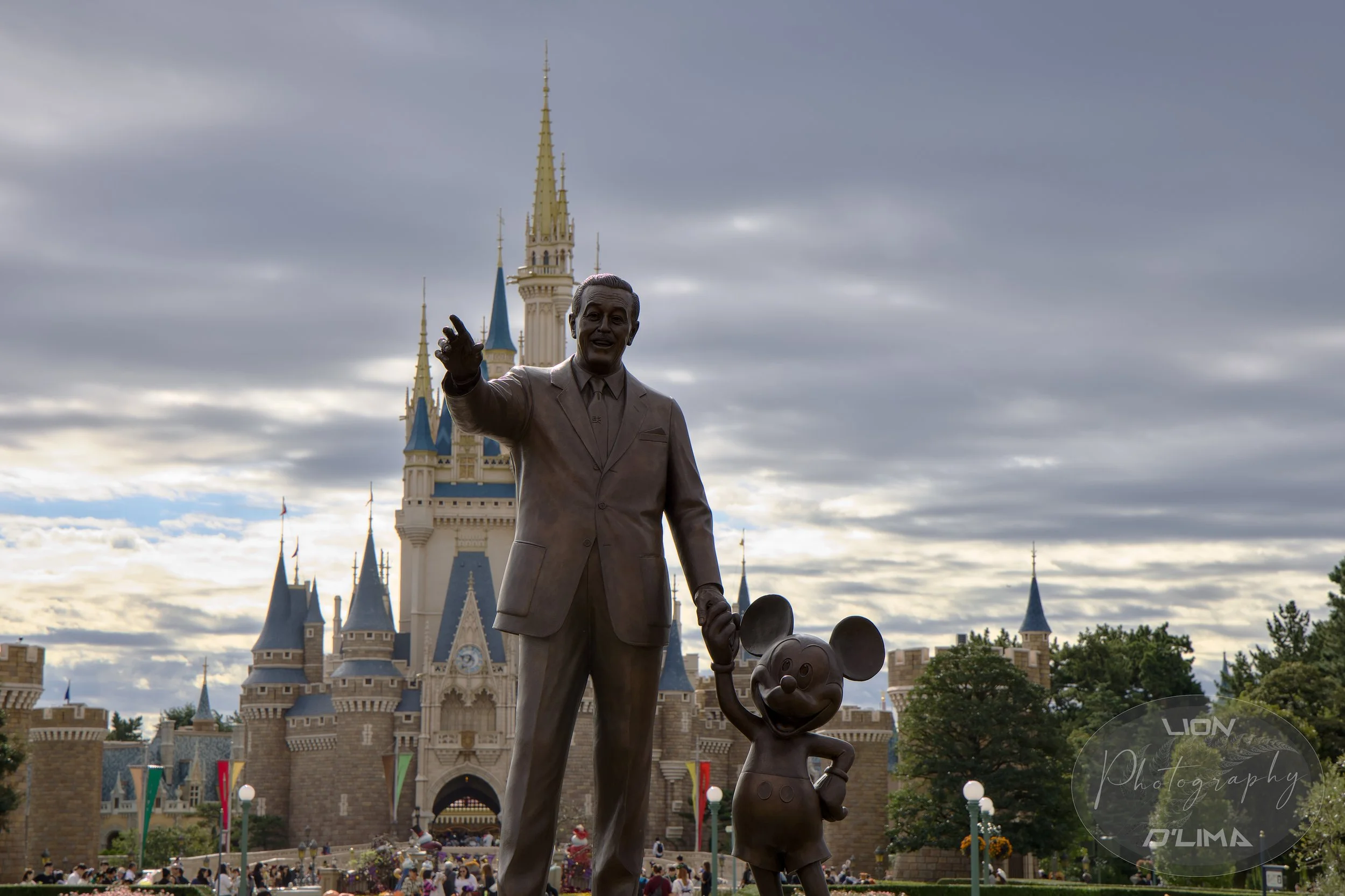 Walt Disney & Mickey Mouse Statue with Disney Castle at Tokyo Disneyland 