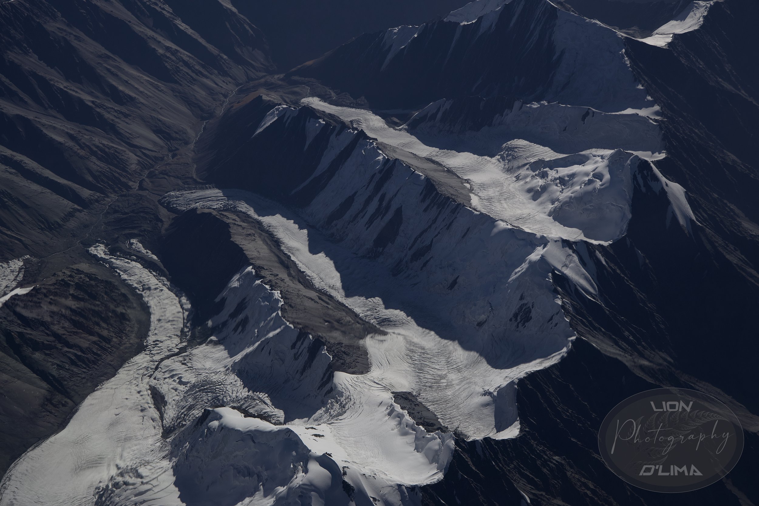 Looking down into the high terrain of the Himalayas