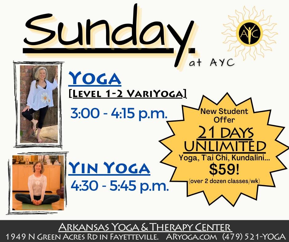 Sunday at AYC!
`3pm - YOGA (1-2 VariYoga)
`4:30pm - YIN YOGA

Sign up for a class today at:
👉 https://aryoga.com/classes/class-schedule/

New Student Offer &quot;Sampler&quot; Pass - 21 days of UNLIMITED AYC classes for just $59!

AYC also offers Dr
