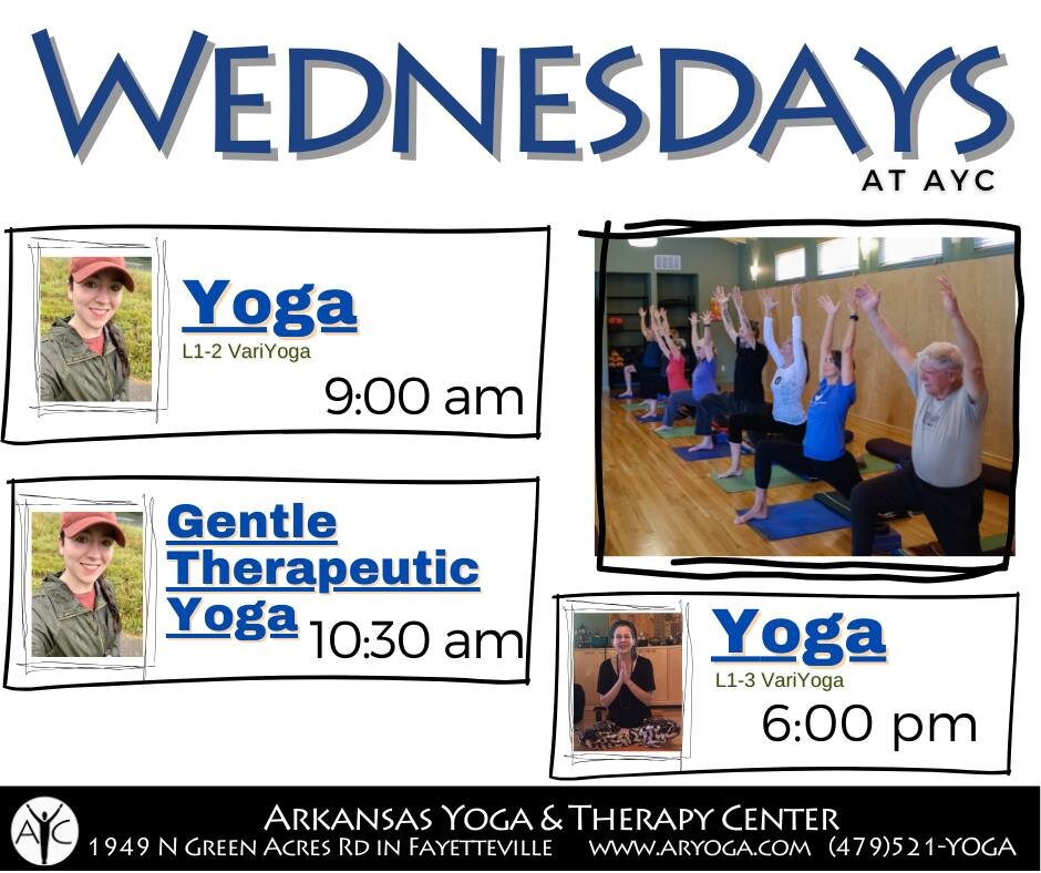 Wednesdays at AYC!
`9:00 am Yoga (Level 1-2 VariYoga)
`10:30 am Gentle/Therapeutic VariYogaYoga
`6:00 pm Yoga (Level 1-3 VariYoga)

Sign up for a class today at:
👉 https://aryoga.com/classes/class-schedule/

Try our New Student Offer &quot;Sampler&q