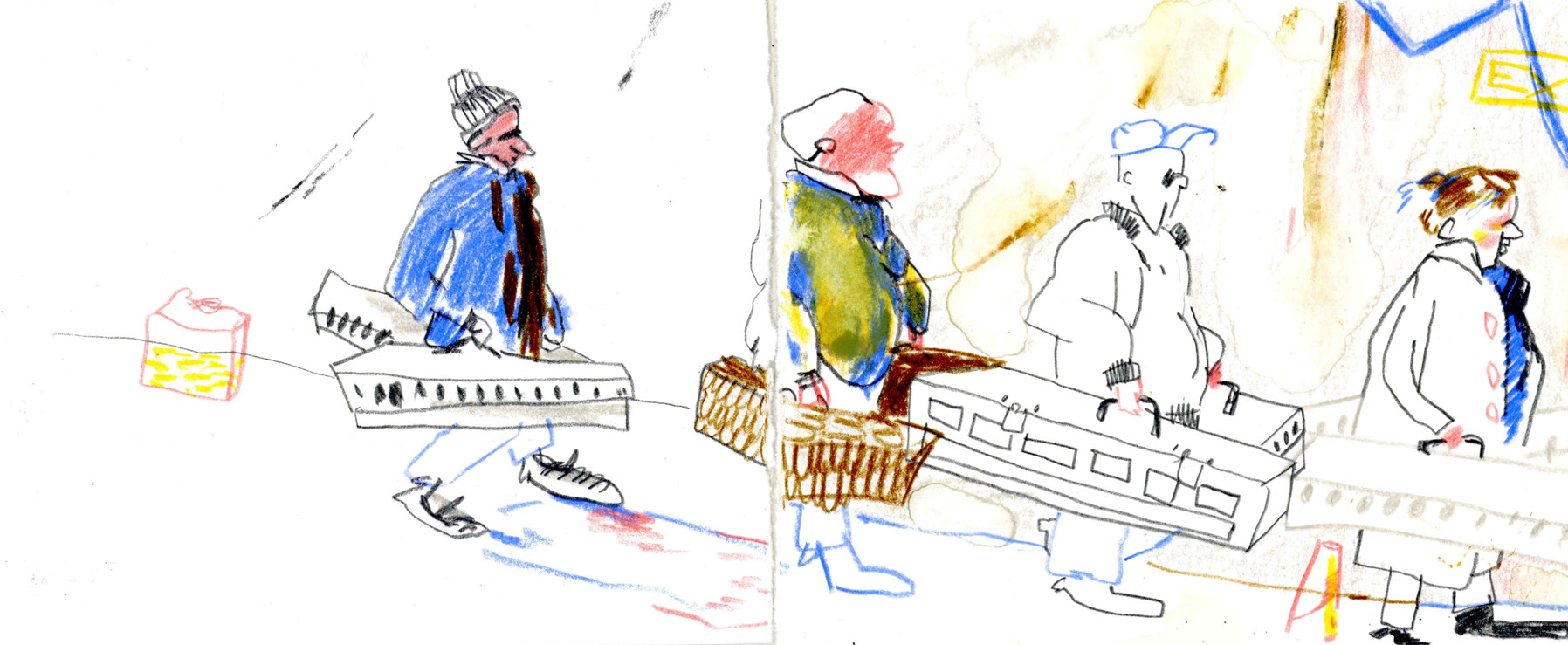 Doomen leaving the pigeon show with their pigeon carriers.