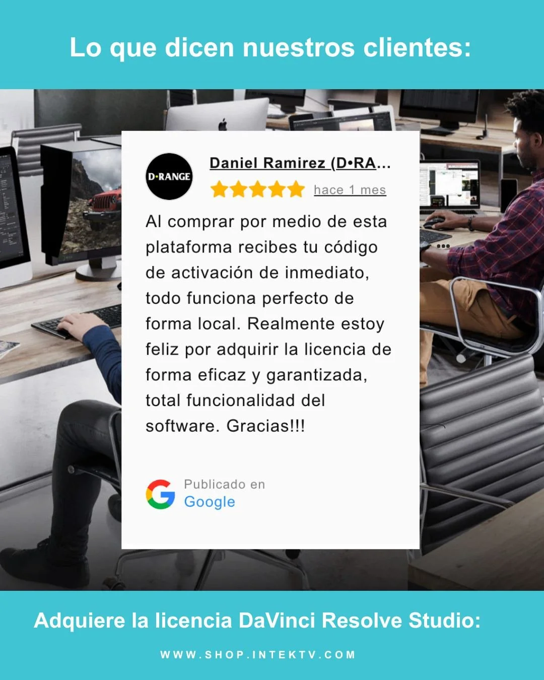 ⭐️⭐️⭐️⭐️⭐️
Nada nos enorgullece m&aacute;s que recibir rese&ntilde;as 5 estrellas de quienes conf&iacute;an en nosotros para adquirir su licencia de DaVinci Resolve Studio.
Gracias por elegirnos y por valorar nuestro servicio, soporte y rapidez de en