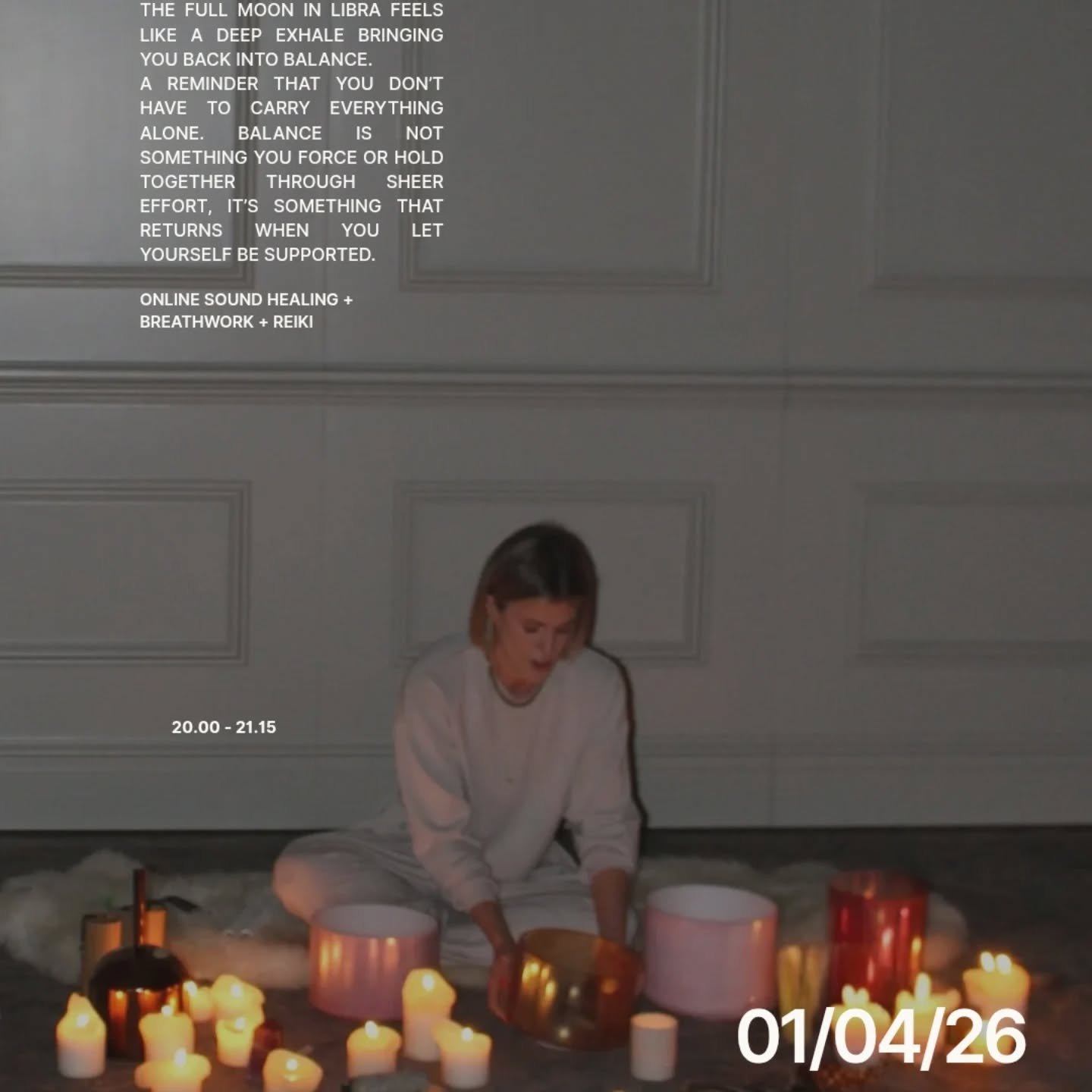 *online full moon in libra sound bath + reiki experience*

when: wednesday 1st April
time: 20.pl - 21.15pm
where: online via zoom

sund healing using the crystal alchemy bowls + reiki to unblock + clear energy + card pull at the end to seal our pract