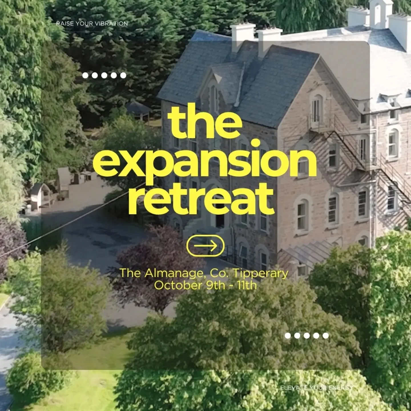 The October Expansion Retreat @thealmanage - Co Tipperary 

October 9th - 11th

A dreamy weekend of sound healing, Reiki, astrology, nature, nourishment, saunas, and deep rest, everything your system needs to reset and feel clear again.

If you&rsquo