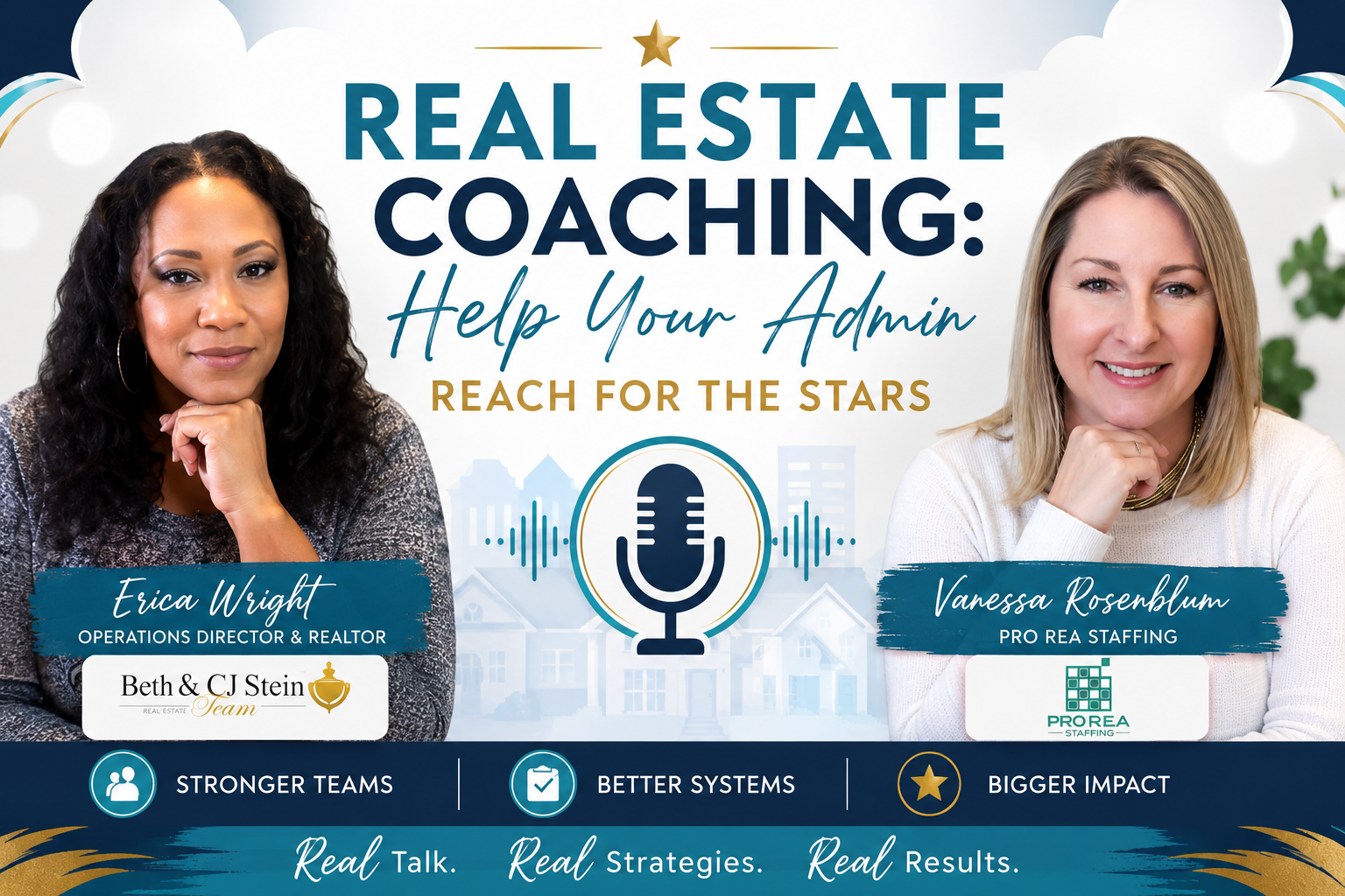 Real estate coaching podcast graphic featuring Erica Dionn Wright and Vanessa Rosenblum discussing stronger teams, better systems, and business growth.