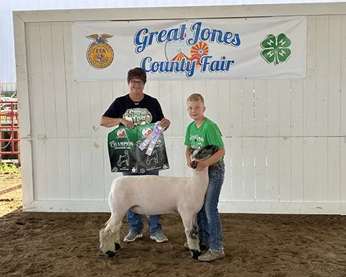  Owen Russell  
Champion Derby Lamb & Champion Carcass 
2026 Great Jones County 
Bred by Big Boulder Farms