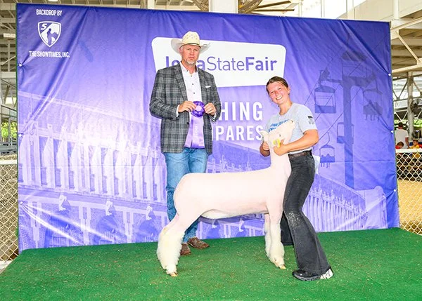  Gabby Kampen  
Champion White Face Commercial Ewe 
2025 Iowa State Fair FFA Show 
Bred by Meyer Show Lambs