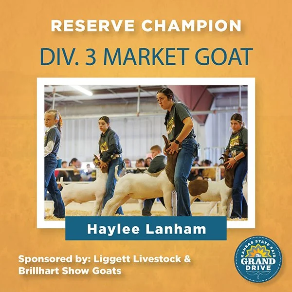 Haylee Lanham  
Reserve Champion Division 3 Market Goat 
2025 Kansas State Fair 
Bred by Haybee Livestock