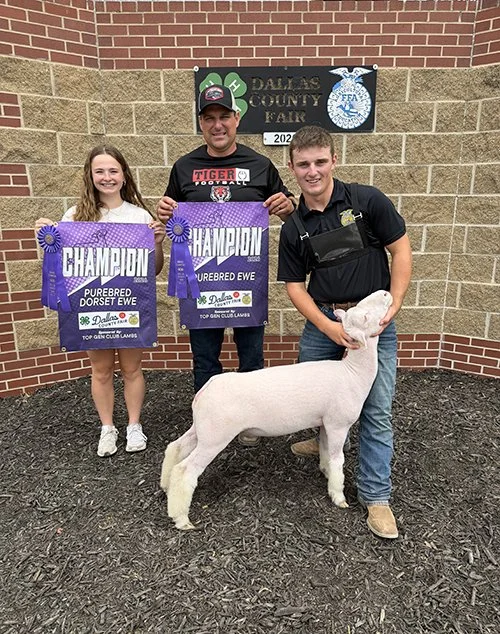   Zach Bass  
Grand Champion Purebred Ewe and Dorset Ewe 
2026 Dallas County Fair 
Bred by ET Livestock