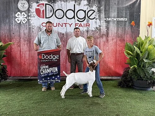  Owen Gregory  
Grand Champion Market Goat 
2026 Dodge County Fair 
Bred by Wessel
