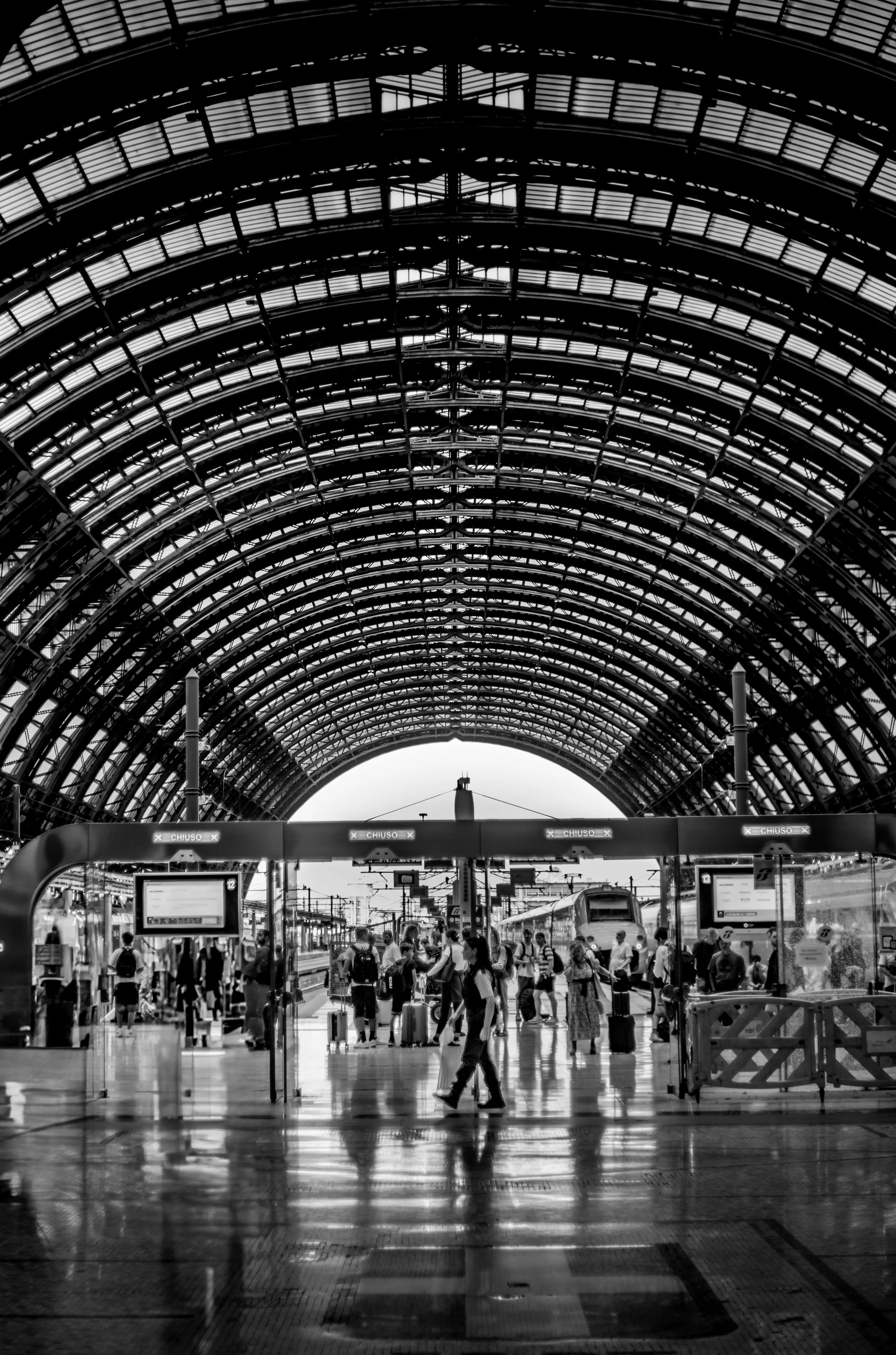Black and white photo of a busy train station with people walking and waiting, train tracks, trains, and a large arched glass ceiling.