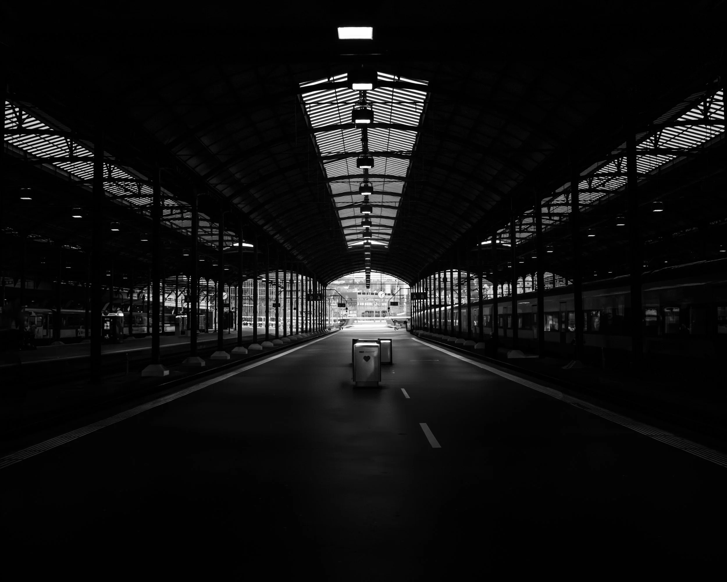Empty train station platform with covered arched roof and trains on both sides, monochrome photograph