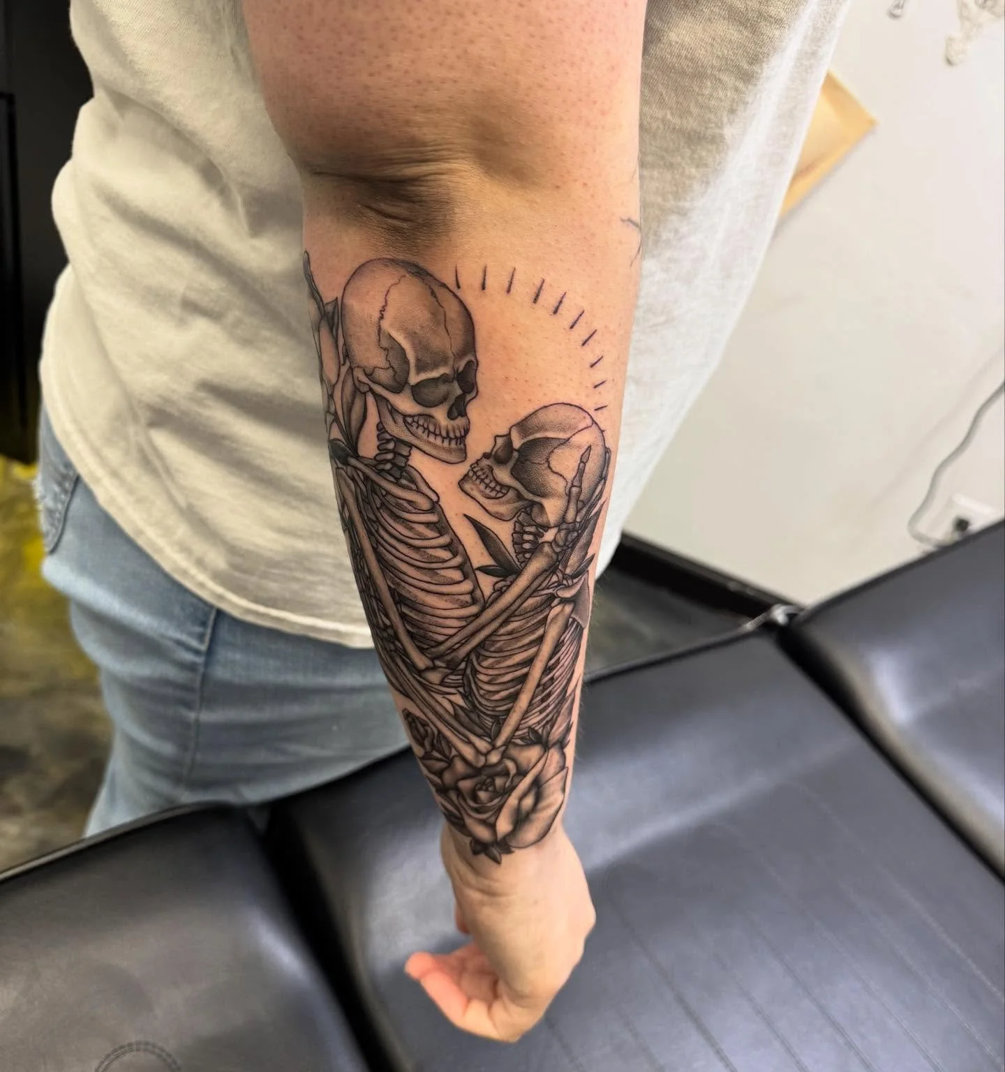 Lovers skeletons for Alycia!  Thanks again! #okctattoo #okcartist #skeletontattoos #uraineumtattoos #sbbodyarts #blackandgreytattoo