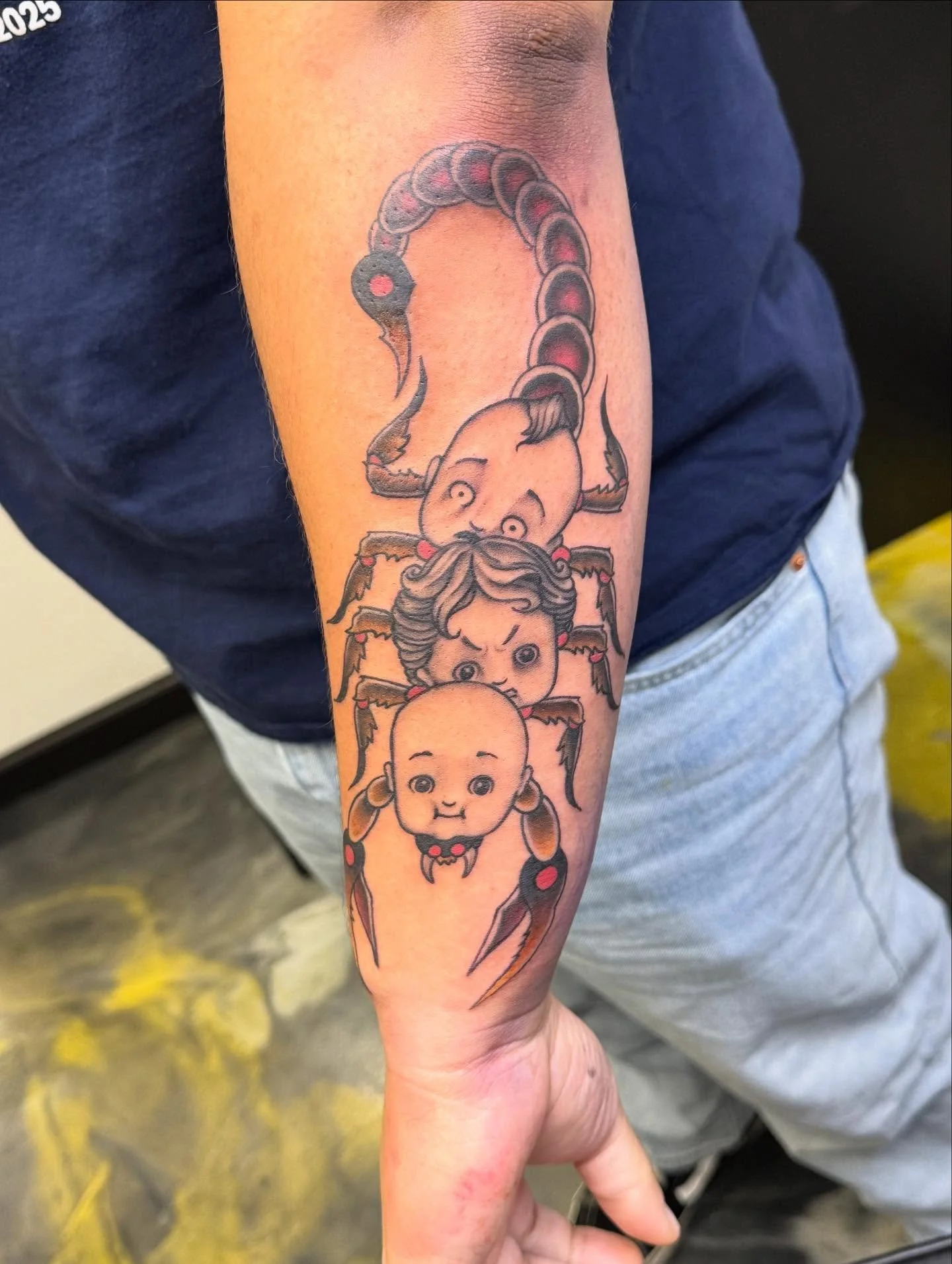 Rad &ldquo;DollHeadScorpion&rdquo; I did yesterday, thanks Josiah!  I tattooed the last photo right around 5years ago!  #dollheadscorpion #tattoo #chromaink #pantheraxxx #peakneedles #uraineumtattoos work done @sbbodyarts
