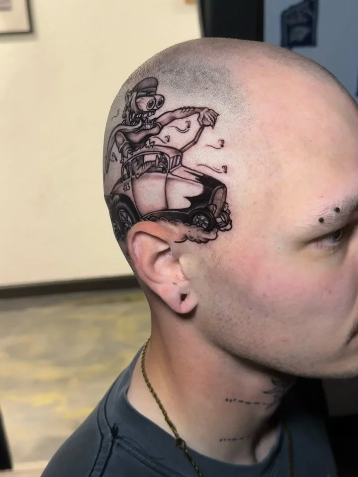 Sweet hot rod tattoo on the dome!  #tattoo #okctattooartist #edroth #headtattoo #hotrodtattoo done @sbbodyarts  text 405-367-3847 to book!