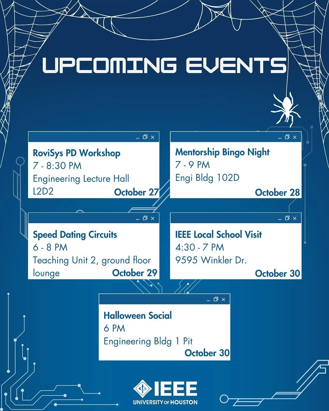 Hey IEEE Coogs! ⚡️🐾🕸️

This upcoming week is filled with exciting events for you, including a Halloween Themed Social! Please fill out the RSVP forms in our bio if you are interested in attending!
