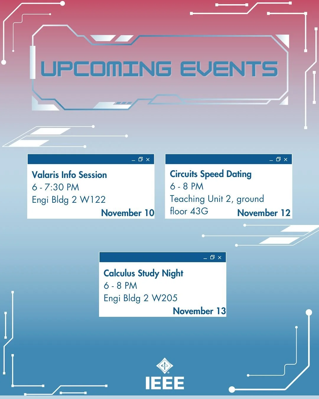 Hey IEEE Coogs! 🐾⚡️

We are back with more info sessions, workshops, and study nights this week! Please RSVP if you are interested in attending!