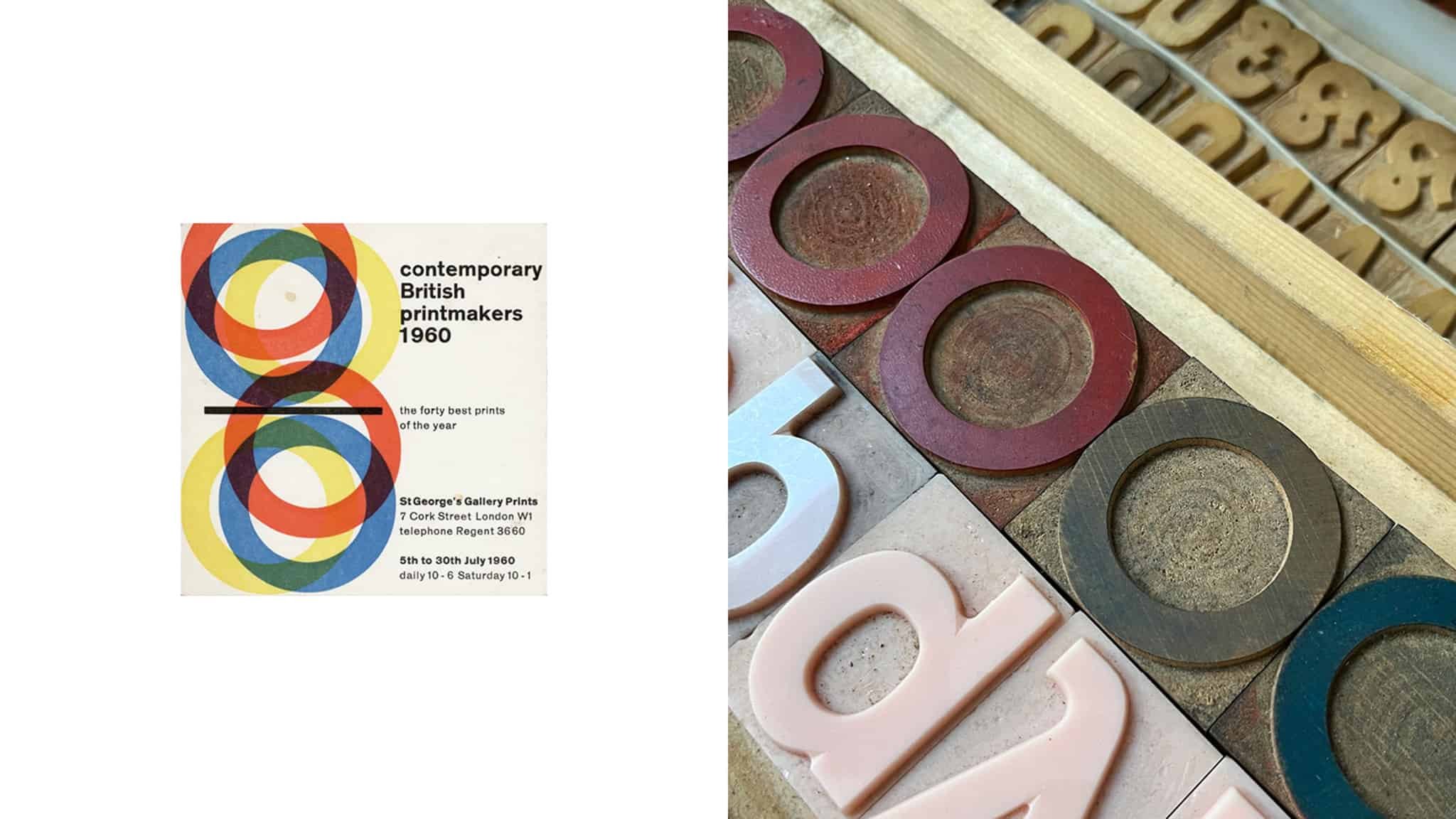  Wood type blocks / Gallery card, 1960. As with others, the colours of ink can still be seen on the type: it’s likely that these circles were last used to produce this card. 