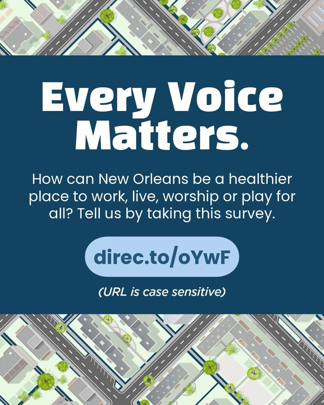 Community voice matters! 💚

We&rsquo;re helping share this survey from the New Orleans Health Department to support broad participation from people who live, study, and work in New Orleans. Take the survey and help shape a healthier New Orleans: dir