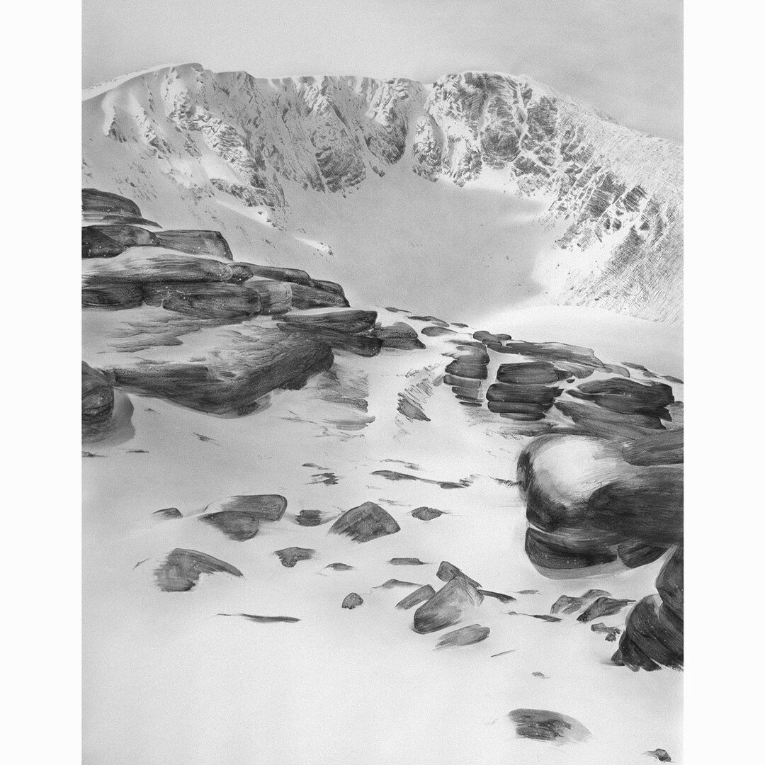 Finished! Swipe for scale. Charcoal on paper 1.5m x 2m. Always happy to work big, there&rsquo;s something about the scale that makes you feel so present in the landscape. This is Lochnagar near Balmoral, a piece commissioned by @dacre_art for a home 