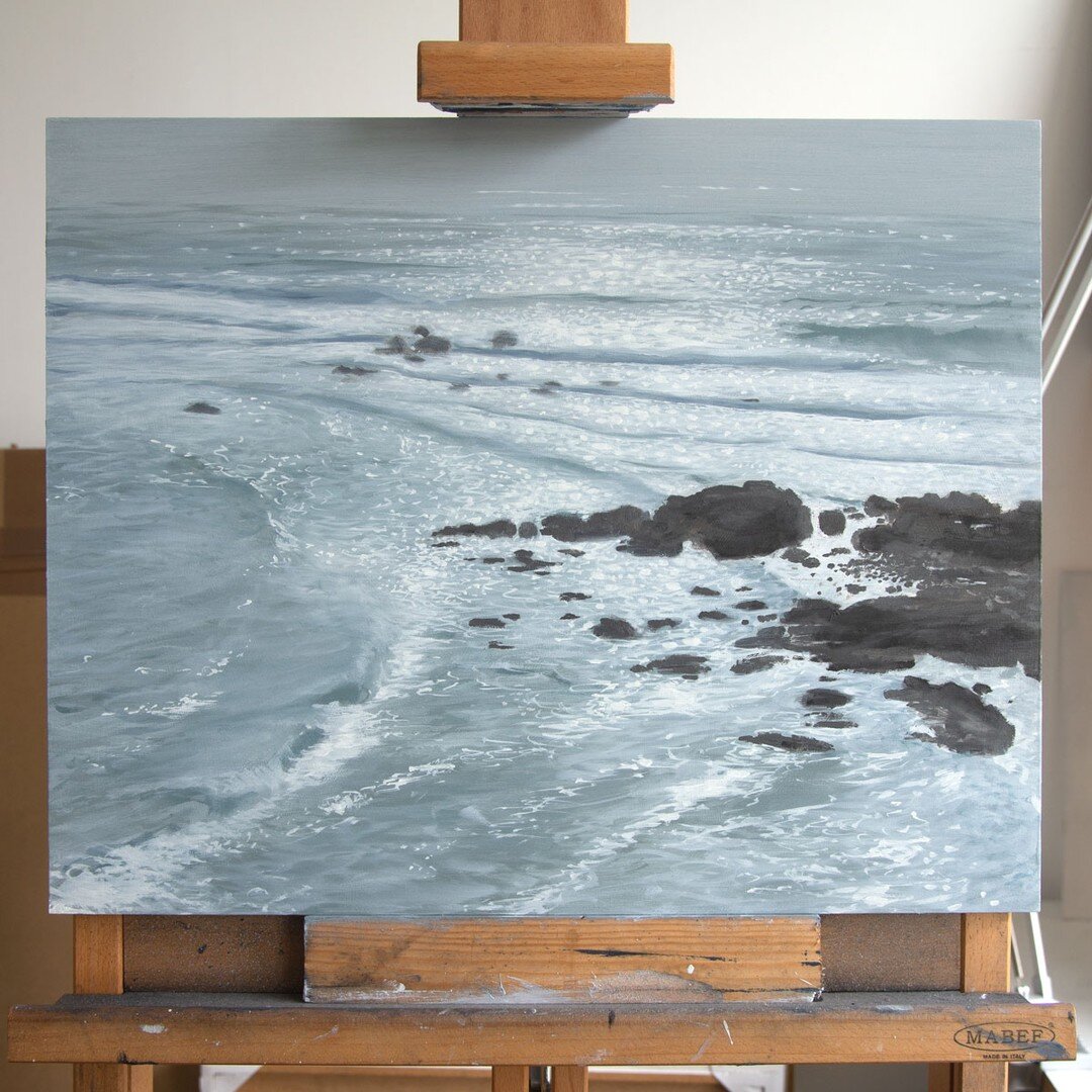 On the easel - this one's got a while to go. Lizard point in Cornwall. I've been busting to make a painting of this since I returned from Cornwall. I love the graphics of the rocks against the pale sparkly sea.. #seascape #seascapepainting #lizardpoi