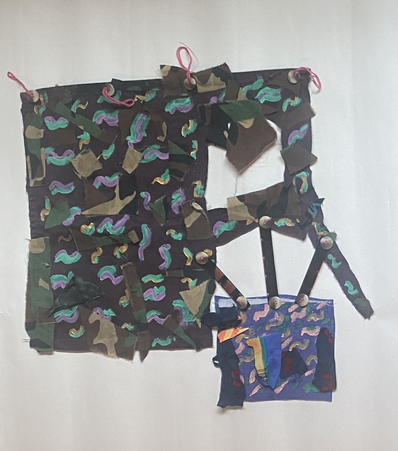 Spinning Tales #6 (Series), 2023. Acrylic paint, recycled fabric and buttons, embroidery floss, and film negatives, 20" x 19".