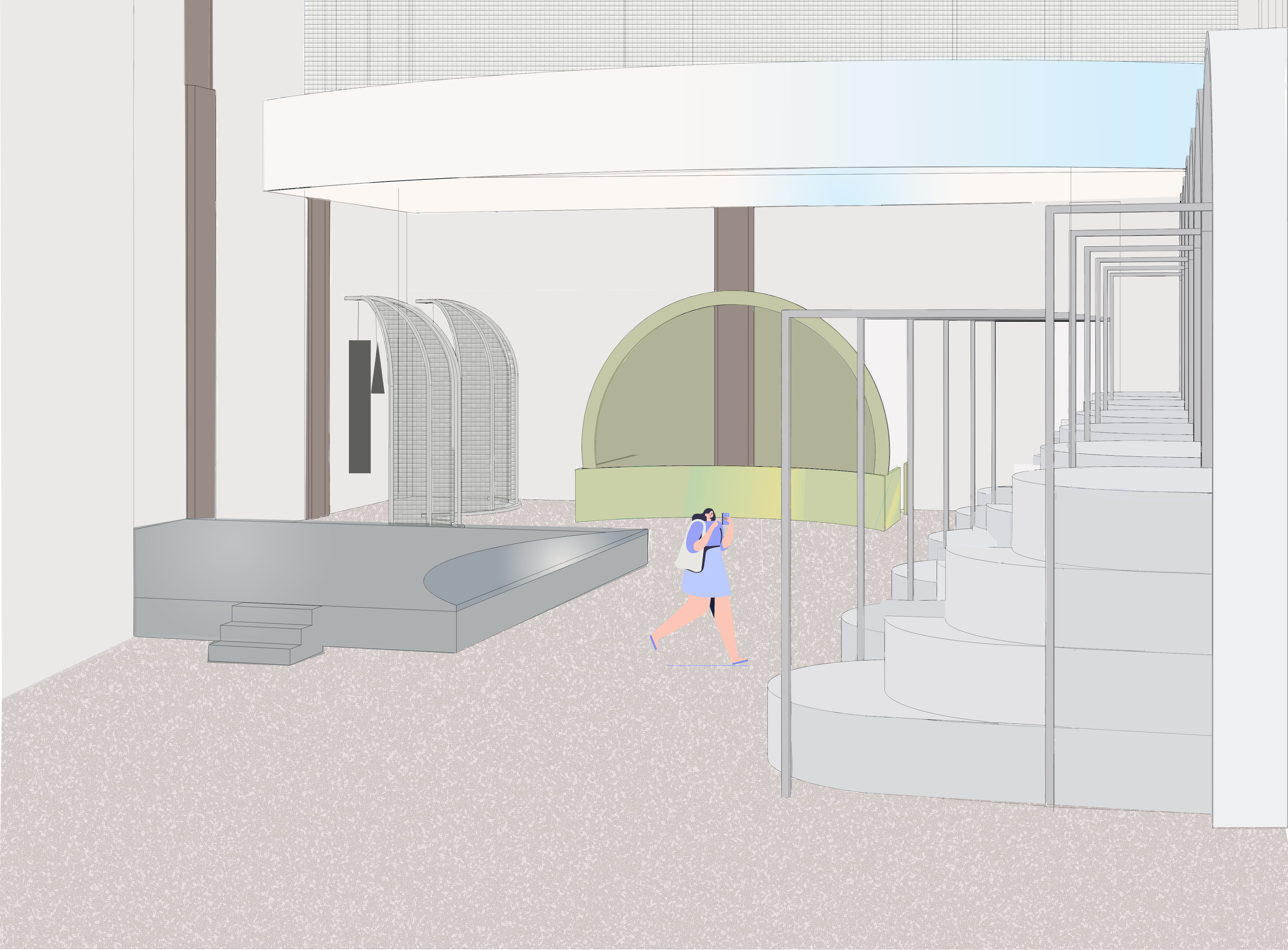 View of Seating, Stage, Alcoves, and Merchandise Stand