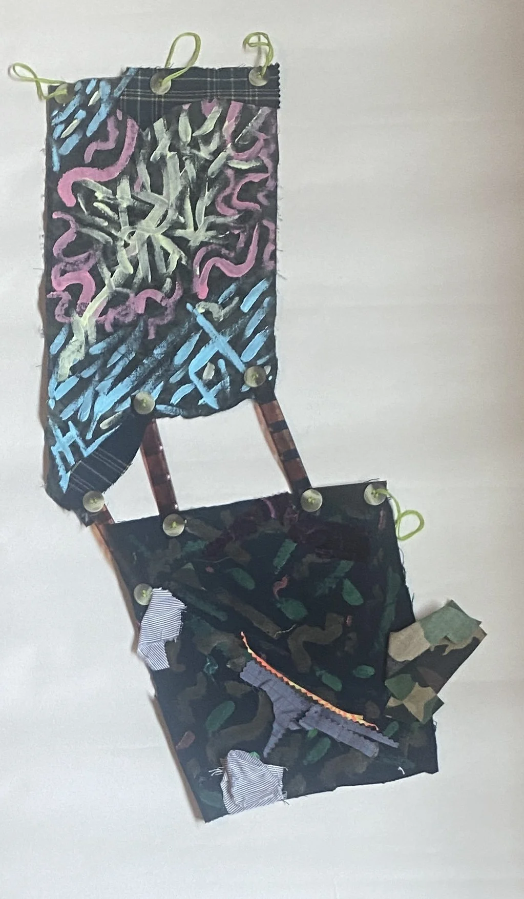 Spinning Tales #5 (Series), 2023. Acrylic paint, recycled fabric and buttons, embroidery floss, and film negatives, 12" x 26".