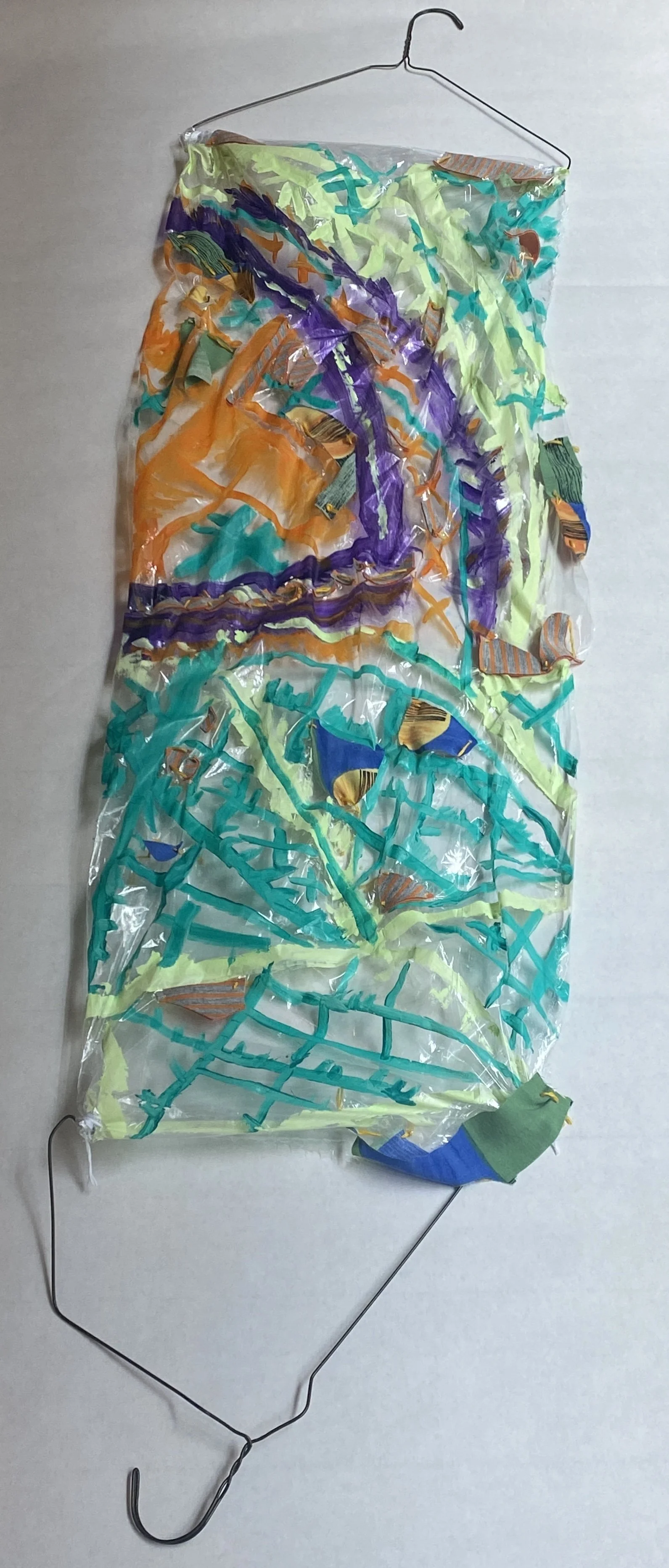 Get the Picture #1, 2022. Acrylic paint, recycled fabric, and embroidery floss on a dry cleaning bag with metal hangers, 16" x 58".