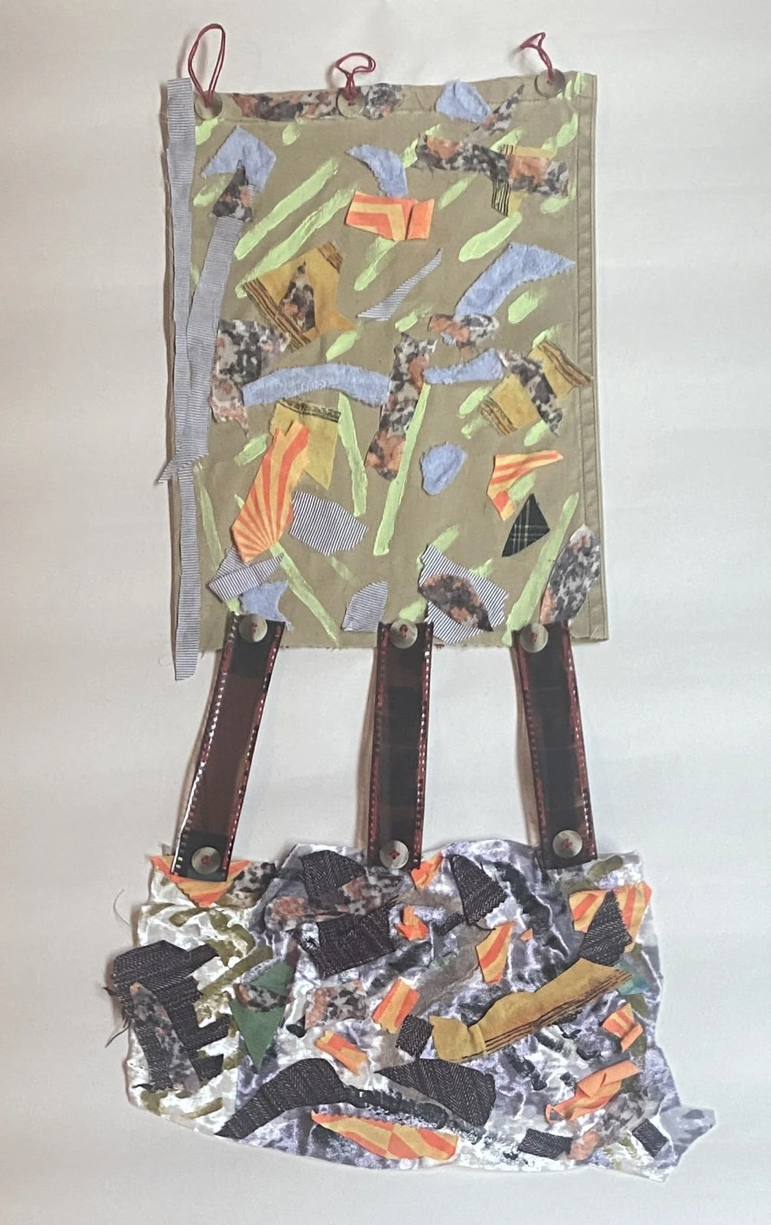 Spinning Tales #7 (Series), 2023. Acrylic paint, recycled fabric and buttons, embroidery floss, and film negatives, 13" x 27".