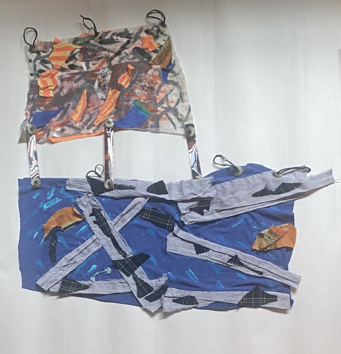 Spinning Tales #10 (Series), 2023. Acrylic paint, recycled fabric and buttons, embroidery floss, and film negatives, 23" x 23".