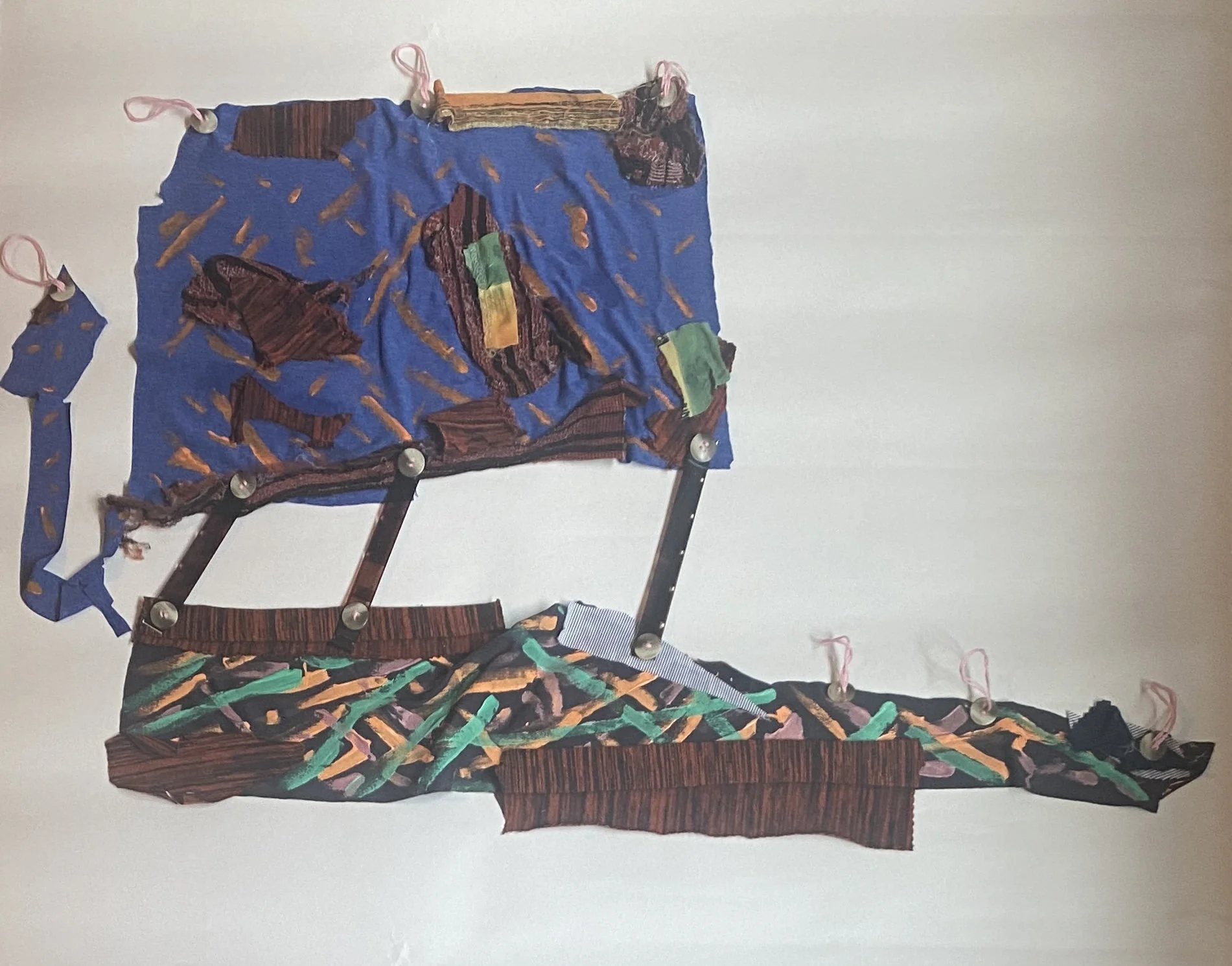 Spinning Tales #8 (Series), 2023. Acrylic paint, recycled fabric and buttons, embroidery floss, and film negatives, 35" x 20".