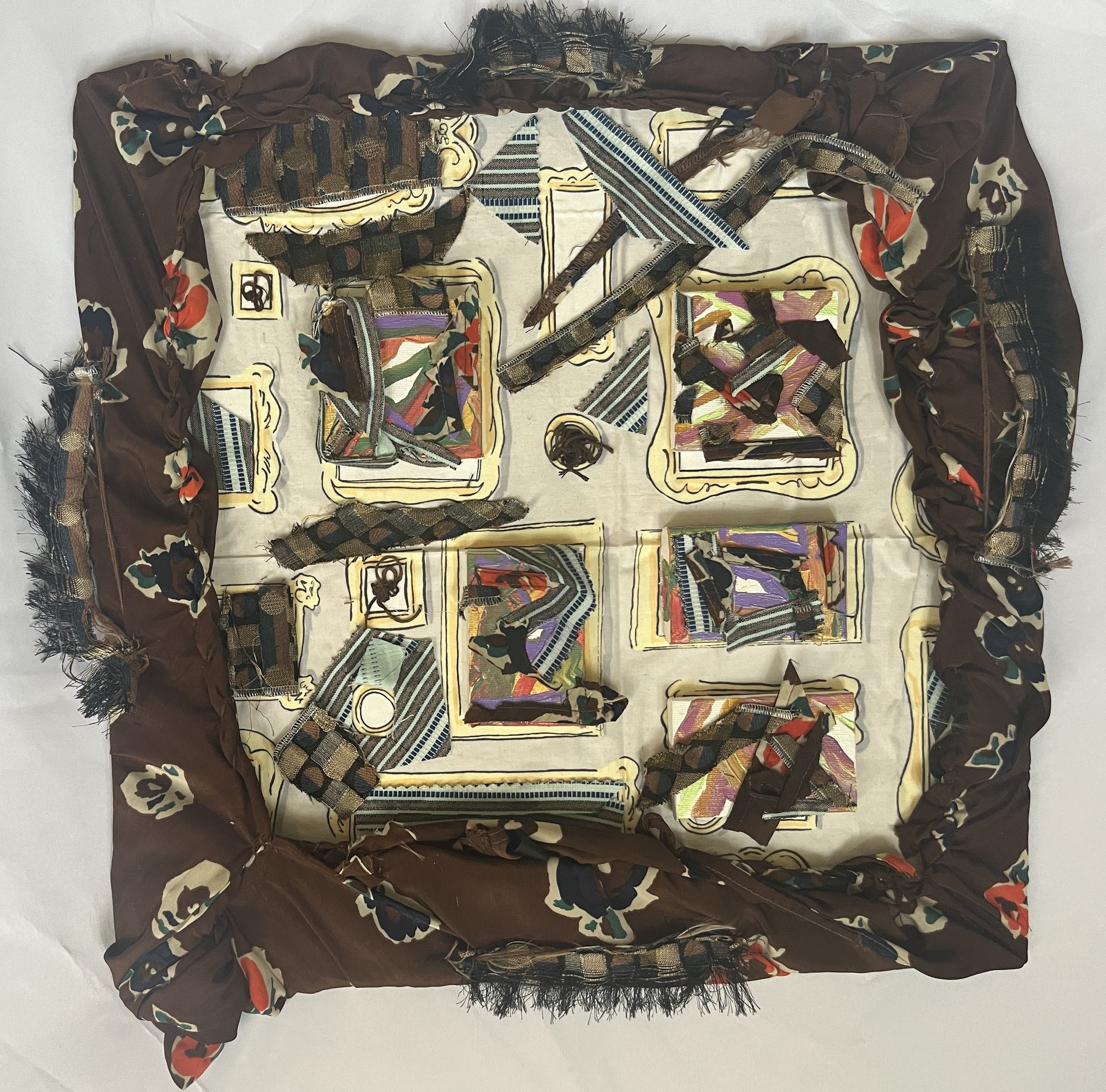 Forcing Focus, 2025. Acrylic paint and recycled fabric on canvas board, 18" x 18".