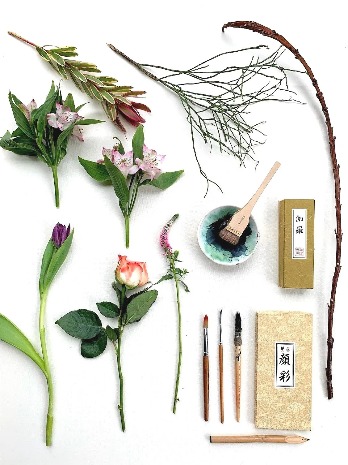 Instrumentos y plantas para caligrafía japonesa, incluyendo varios tipos de flores, pinceles, tinta, y papel