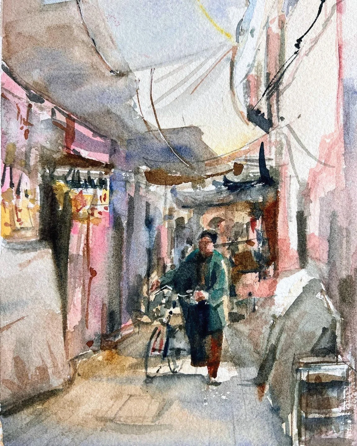 Escena de una calle con personas y puestos de comida, pintada en estilo acuarela.