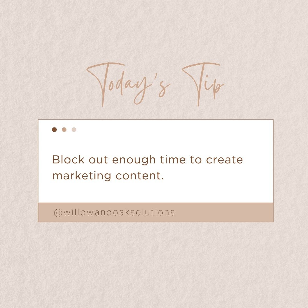 ⏱️Set a schedule that you can follow to create your marketing content. 
🙌We teach our clients how to create excellent marketing material in 2 hours a week or less. This includes their owned media, social media, email newsletters, track their analyti