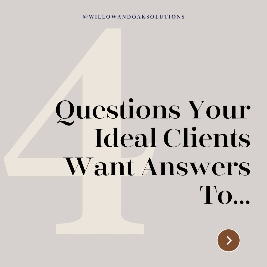 Your audience wants answers to a few specific questions. Creating content that answers these questions alleviates their objections and builds trust over time. 

#willowandoakbusinesssolutions #seattlesmallbusinessowners #idealclient #questionsanswere